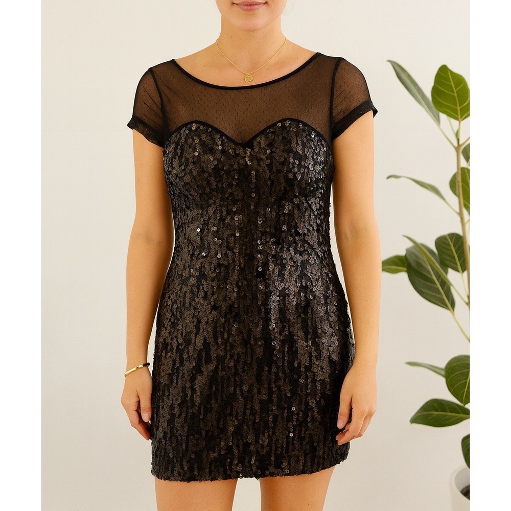 Women's Lil Black Dress Sz Sm Sequin Sparkle Mesh Dark Fairy Holiday Party Newye